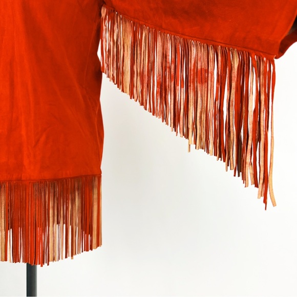 Vintage 90’s Fringe Trimmed Genuine Suede Leather Jacket in Mandarin Red Size 2 - Picture 8 of 10